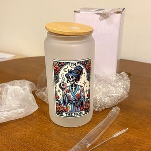 Frosted Glass Jar with Bamboo Lid - tarot card the mom Skeleton Design bnwt